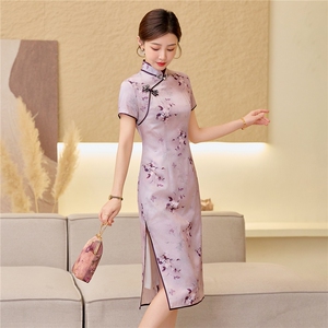 杭州品质真丝长裙复古印花连衣裙女春夏日常修身潮流真丝旗袍图片