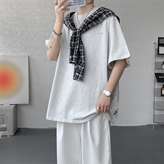 8XL-M潮情侣美式拼接打结格子假两件短袖宽松纯棉T恤男DX338，男装T恤，电商D206-1