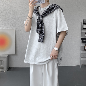 8XL-M 潮情侣美式拼接打结格子假两件短袖宽松纯棉T恤男 DX338图片