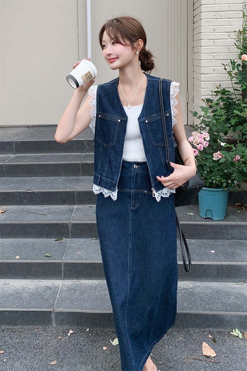 蓝色牛仔套装裙女2025年夏季新款高级感蕾丝拼接马甲半身裙两件套,女装套装/套裙,浙宝069