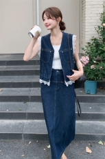 蓝色牛仔套装裙女2025年夏季新款高级感蕾丝拼接马甲半身裙两件套，女装套装/套裙，浙宝069