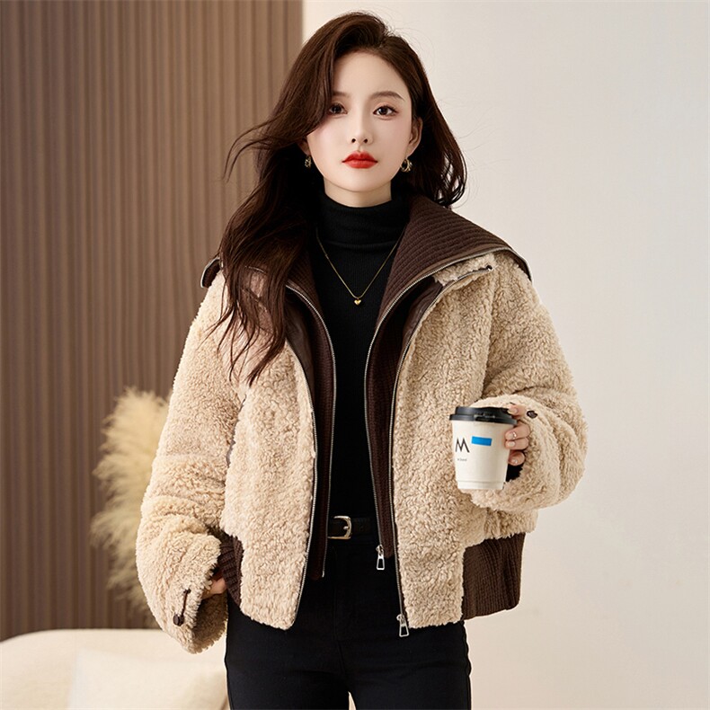 时尚羽绒服女2024冬装新款白鸭绒针织领拼接仿羊羔毛翻领假两件外套,女装羽绒服,衣之秀
