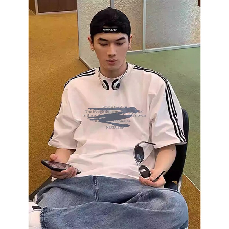 夏季美式高街重磅纯棉三条杠织带撞色男女短袖T恤STG161特P25,男装T恤,电商A486