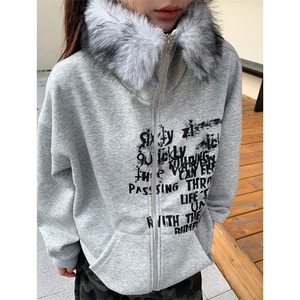 复古毛领连帽卫衣女秋季学院风慵懒chic宽松开衫外套 WB6022图片