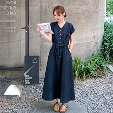 2025夏季新款韩版V领系带收腰显瘦牛仔连衣裙女中长款减龄A字裙子，女装连衣裙，2C273