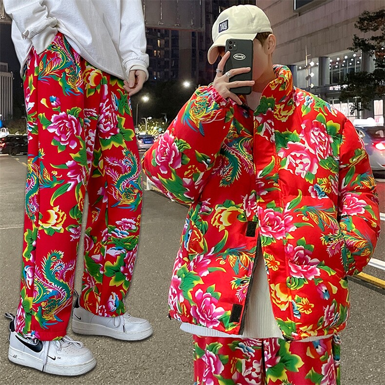 风东北情侣套装ins花棉衣外套牡丹花九分裤棉服套装网红H203，男装休闲套装，星座115A(原星座507）
