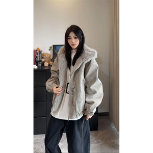 美式长毛座山雕pu皮外套连帽梵古文刺绣棉服男冬季夹棉图片