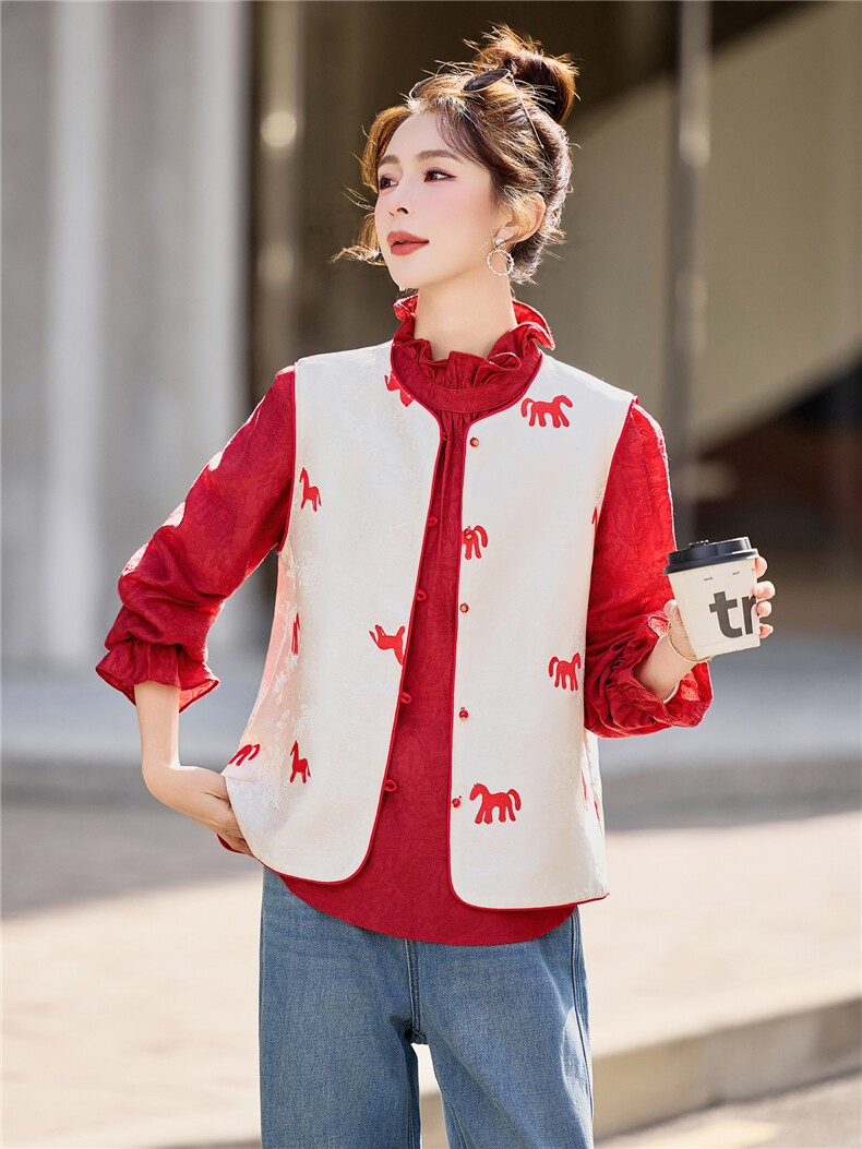 6302常规马图提花印花圆领撞色马甲春装外套,女装马甲,微微衣阁