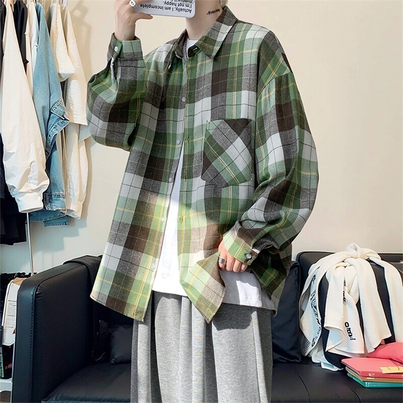 衬衫男2025春季新款港风宽松磨毛格子长袖衬衣CS603-特P27无差价,男装衬衫,星座214-3