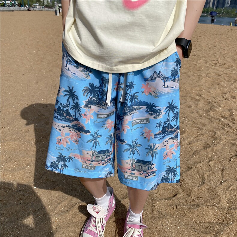 2024夏季新款椰树花纹宽松冰丝短裤沙滩裤B315-K24095-特p20控38,男装牛仔裤,电商B315