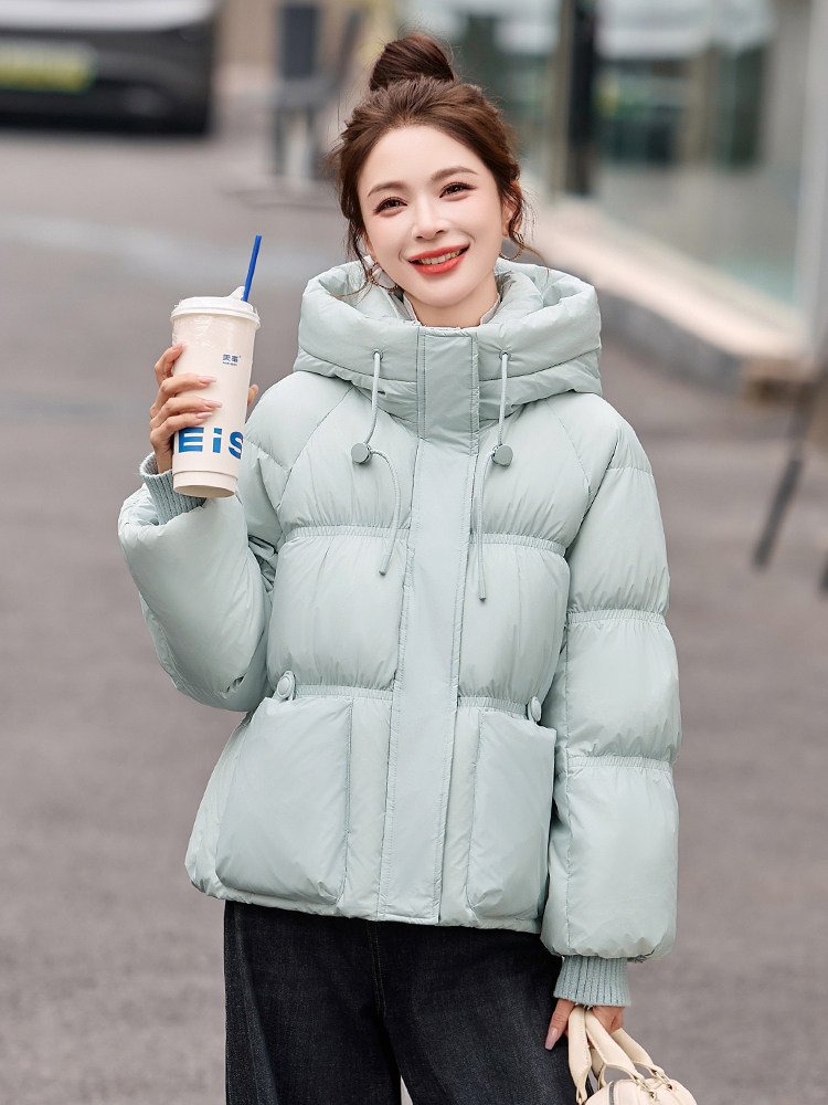 蓝色小清新优雅风连帽羽绒服女冬季2025年新款白鸭绒加厚保暖外套,女装羽绒服,悠米