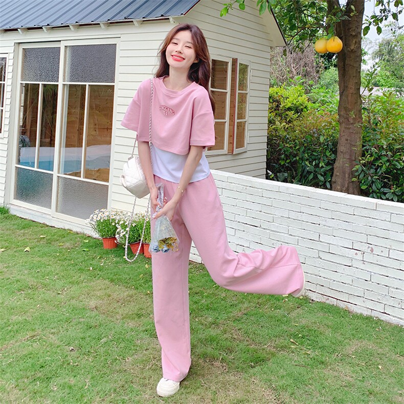 韩版甜美减龄假两件T恤套装女2025夏季新款宽松显瘦阔腿裤两件套,女装套装/套裙,2C052