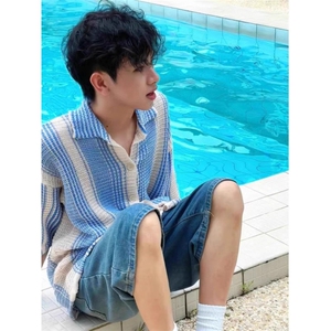美式复古撞色短袖衬衫男夏季潮流宽松翻领休闲百搭新款薄款针织衫图片