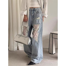 2025美式破洞蕾丝拼接拖地牛仔裤女辣妹高街设计感复古宽松慵懒阔，女装牛仔裤，星座302B-2