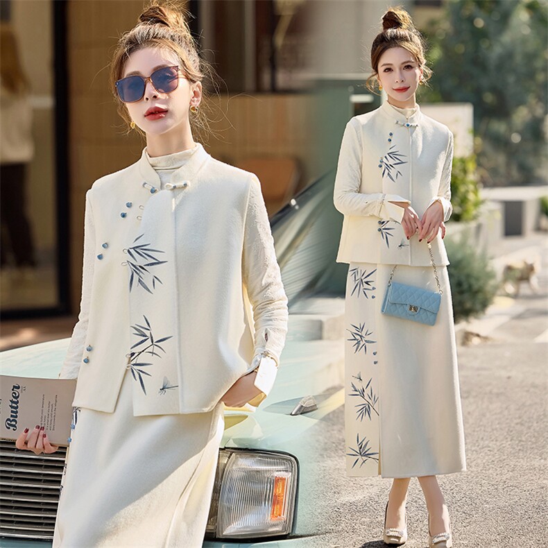 2025春季新款毛呢新中式国风盘扣开春穿搭刺绣马甲半身裙两件套装，女装套装/套裙，芷墨服饰