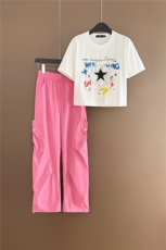 盐系穿搭休闲时尚套装女夏新款设计感星星印花短袖工装长裤两件套，女装套装/套裙，江南