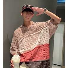 小众镂空拼接翻领polo纽扣针织短袖男宽松夏季拼色T恤Y044-P40，男装Polo衫，星座308B-1