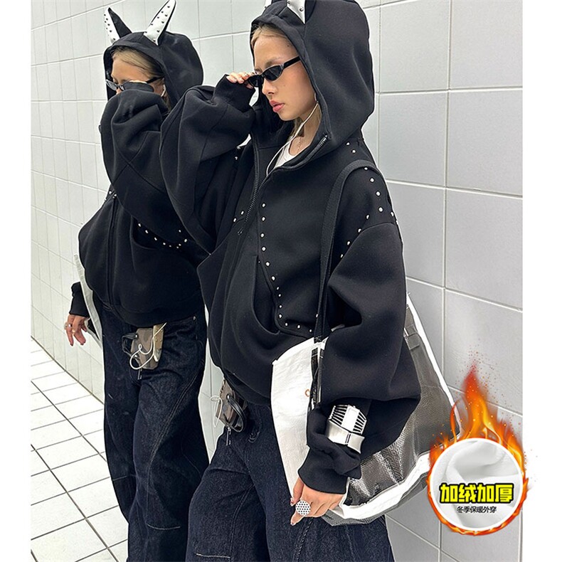480G重磅加绒硬挺boxy男女美式高街卫衣铆钉杜宾犬耳朵开衫厚外套，女装短外套，电商A486
