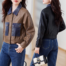 拼接皮衣外套女春秋机车PU夹克短款时尚欧货高级感2023年新款，女装皮衣，江南女神