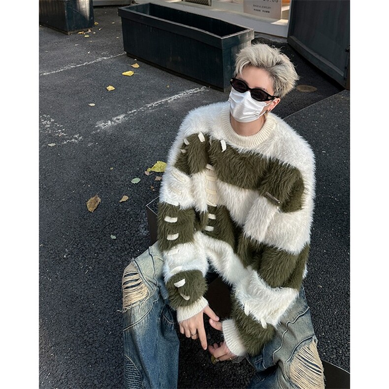 针织衫男韩版潮流条纹拼色宽松百搭2024秋冬ins毛衣外套MZ485-P56,男装针织衫/毛衣,星座412-2