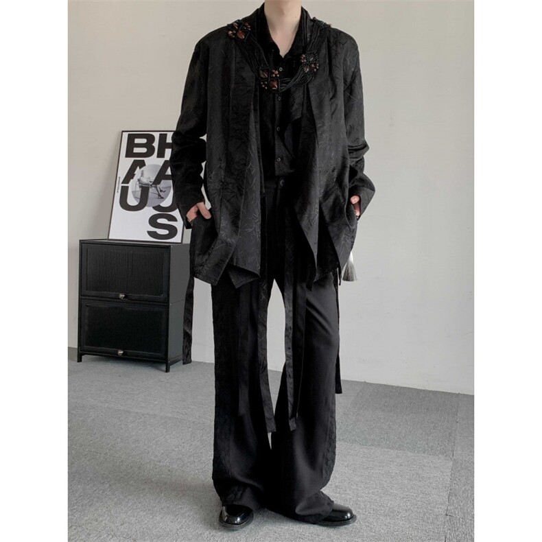 秋装复古新中式飘带山本耀司叠层长袖衬衫刺绣复古外套道袍汉服,男装衬衫,星座909