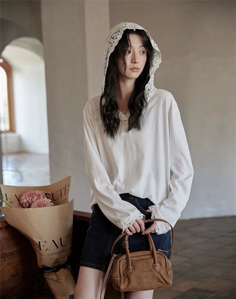 2025春季重工纯棉蕾丝法式百搭t恤休闲连帽长袖上衣，女装T恤，湘姗