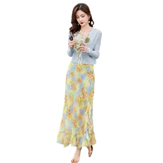 时尚潮流法式浪漫碎花吊带裙+冰丝针织开衫两件套，女装套装/套裙，鑫鑫美