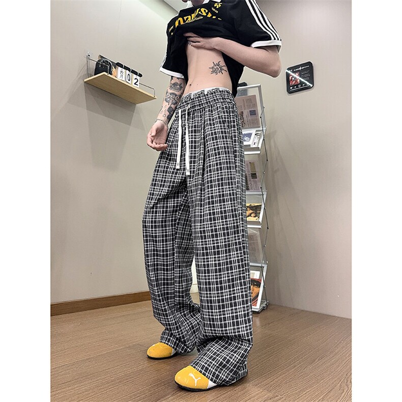 XK468-P35灰色格子裤男夏季薄款慵懒松弛感美式休闲阔腿直筒裤,男装休闲裤,电商A178