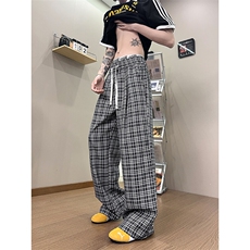 XK468-P35灰色格子裤男夏季薄款慵懒松弛感美式休闲阔腿直筒裤，男装休闲裤，电商A178