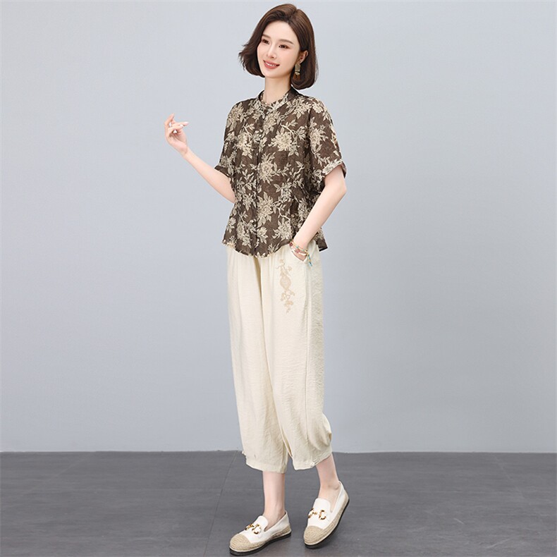 夏季薄款短袖上衣阔腿裤两件套印花休闲时尚高贵妈妈套装女潮,女装套装/套裙,多彩