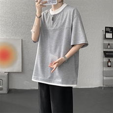 现货DX10140-特P38控78美式假俩件T恤领短袖男大码休闲半袖，男装T恤，电商A059