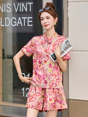 新中式国风印花套装女2025夏新款气质减龄复古盘扣上衣短裤两件套，女装套装/套裙，众宇琦