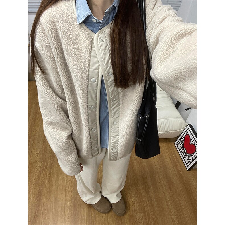 高品U家秋冬防风仿羊羔绒摇粒绒圆领宽松开衫外套男女A1183-P75,女装短外套,星座1505