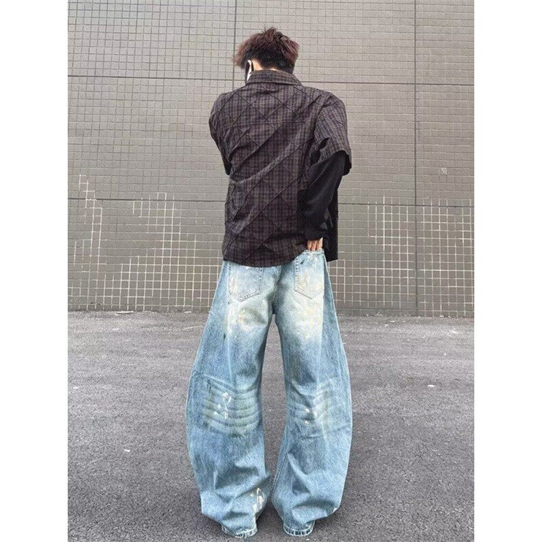 W9586-P58网图现货美式复古高街泼墨弯刀廓形牛仔裤,男装牛仔裤,星座1608-2
