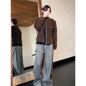 美拉德咖色麂绒皮外套男款vintage哈灵顿夹克立领美式复古棒球服图片