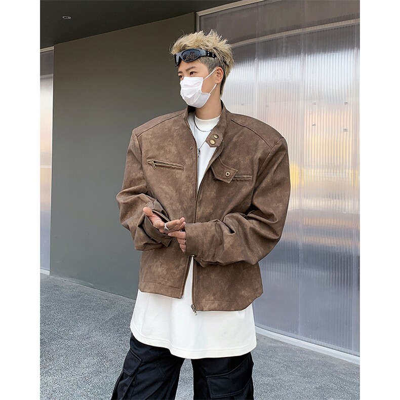 美式cleanfit外套潮牌高级感夹克男穿搭痞帅立领机车服85422-p75图片