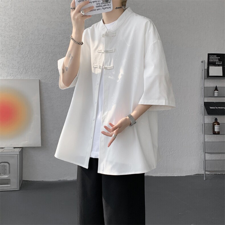 中式盘扣立领短袖衬衫冰丝唐装大码龙暗纹风男装DC1702特P38,男装衬衫,电商B238