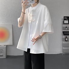 中式盘扣立领短袖衬衫冰丝唐装大码龙暗纹风男装DC1702特P38，男装衬衫，电商B238