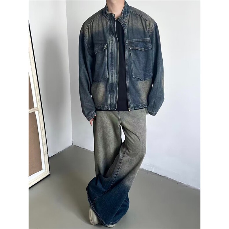 秋季渐变水洗口袋牛仔夹克男女短款宽松立领情侣外套J2201,男装工装外套,星座1116A（原606A-3）