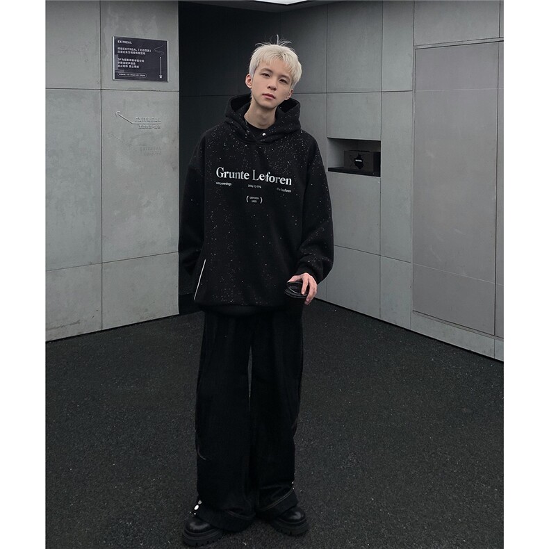 潮牌满天星连帽卫衣男小众感金属印花春秋季重磅宽松情侣帽衫外套,男装卫衣,电商C307