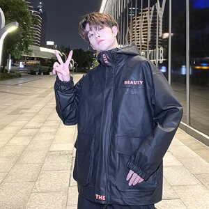 港风字母印花连帽皮衣男秋冬季百搭皮夹克A090-JK76 P115 限138图片