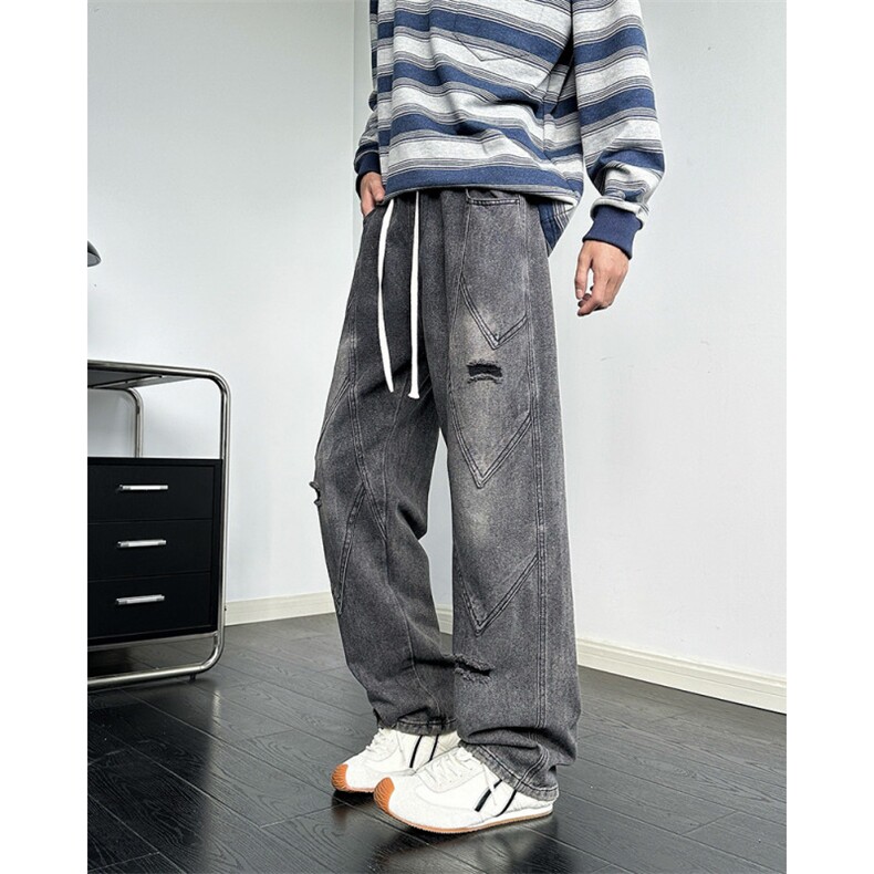 破洞牛仔裤男宽松直筒阔腿潮牌痞帅裤子美式高街长裤8889P45，男装牛仔裤，星座410-2