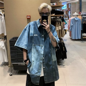 美式复古设计感hiphop拼接牛仔短袖衬衫外套 P53图片