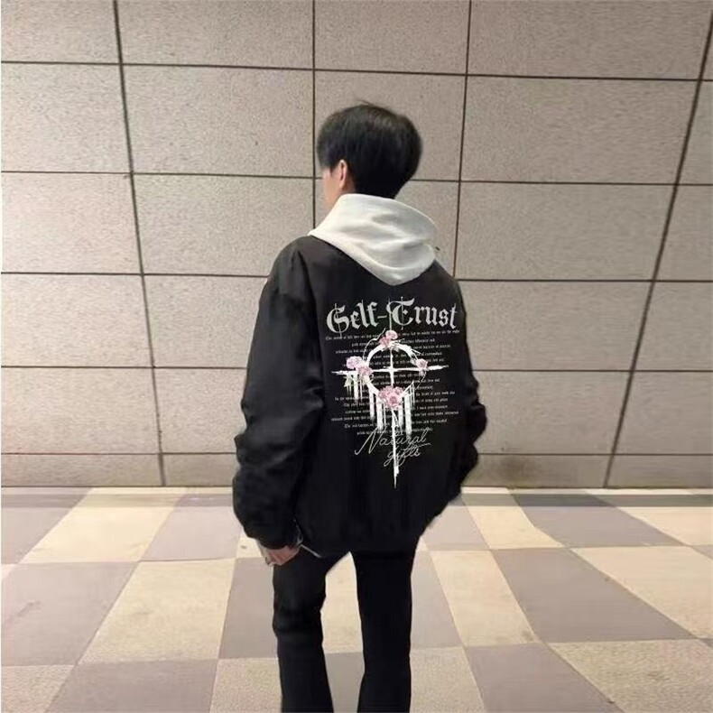 潮牌同款黑色潮复古美式玫瑰印花飞行员夹克高街秋冬季薄款外套图片