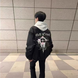 潮牌同款黑色潮复古美式玫瑰印花飞行员夹克高街秋冬季薄款外套图片