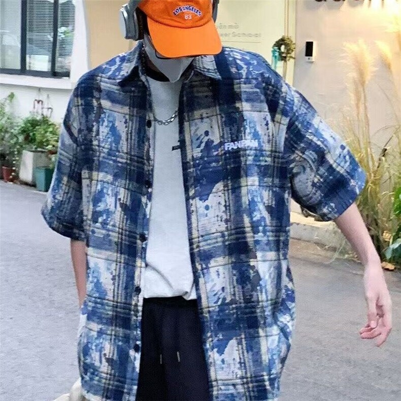 复古港风扎染绿格港衬衫外套夏季bf风休闲衬衣位宽松半截袖CYC97,男装衬衫,星座1116A（原606A-3）