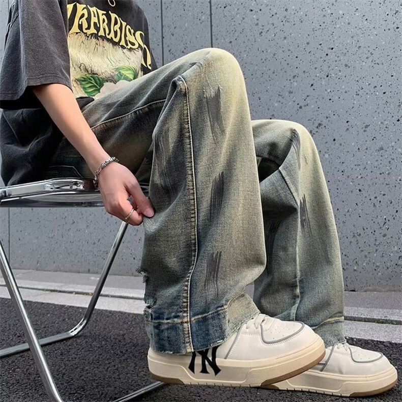 复古休闲做旧牛仔裤学生时尚垂感宽松阔腿拖地牛仔裤男9007P48,男装牛仔裤,星座410-2