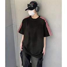 抖音得物品质二开240克宽松纯棉美式潮牌印花三条杠中性风短袖T恤，男装T恤，电商A486-1