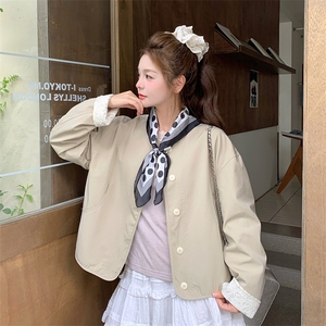 蕾丝拼接甜美卡其色短外套女春秋2025新款大方得体夹克上衣巨好看图片