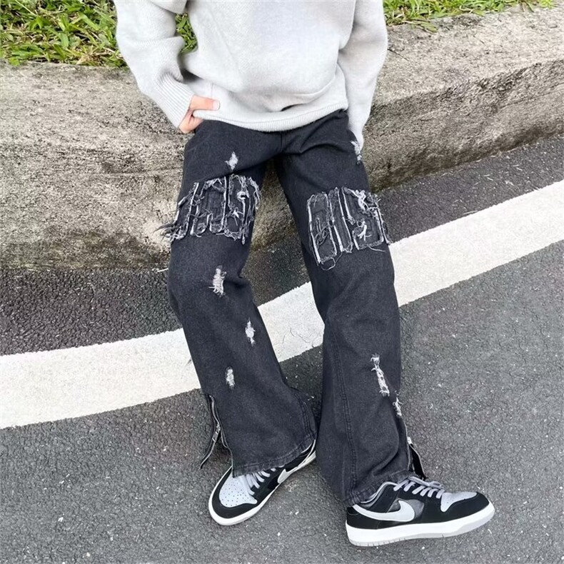 潮裤子美式复古毛边设计感直筒牛仔裤显瘦拖地长裤阔腿P63,男装牛仔裤,四季星座218-1